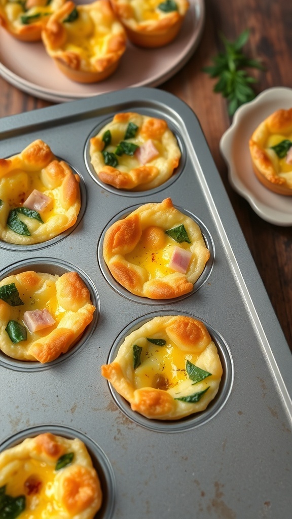 Mini Quiches in Muffin Tins Recipe A tray of mini quiches in muffin tins with various fillings, garnished with herbs.